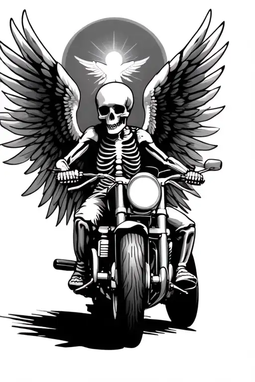 Skeleton With Wings Riding A Motorcycle With Heaven In Background