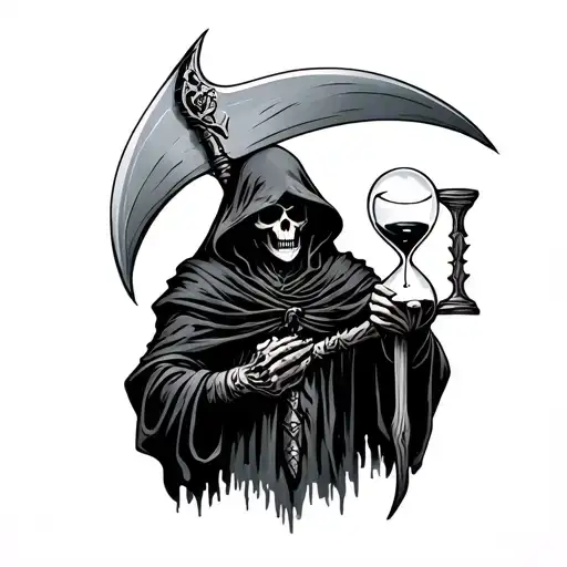 Grim Reaper Holding His Scythe With And Hour Glass In The Blade