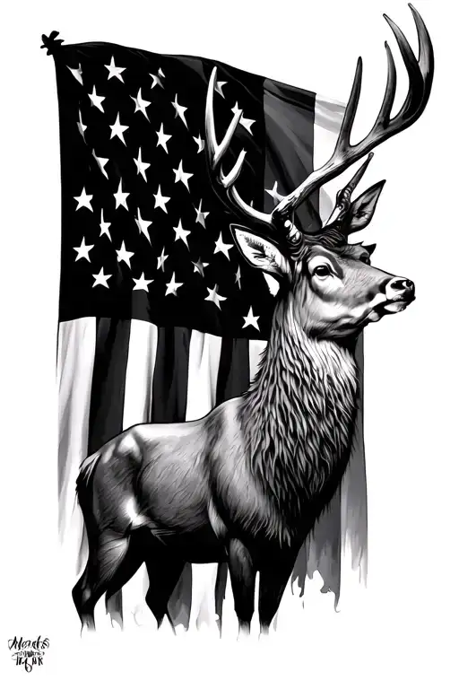 American Flag And European Mount Deer