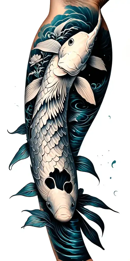 Koi Fish Top Of Arm And A River And Flowers Going Down To My Hand