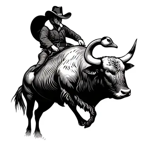Goose Riding Bull With Cowboy Hat