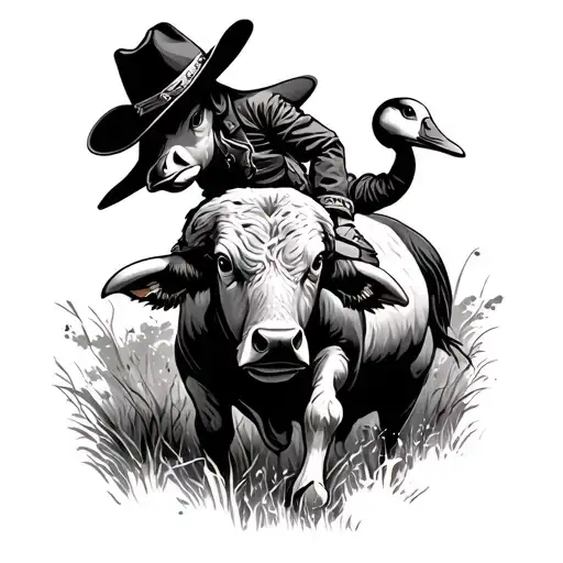 Goose With Cowboy Hat Riding A Bull