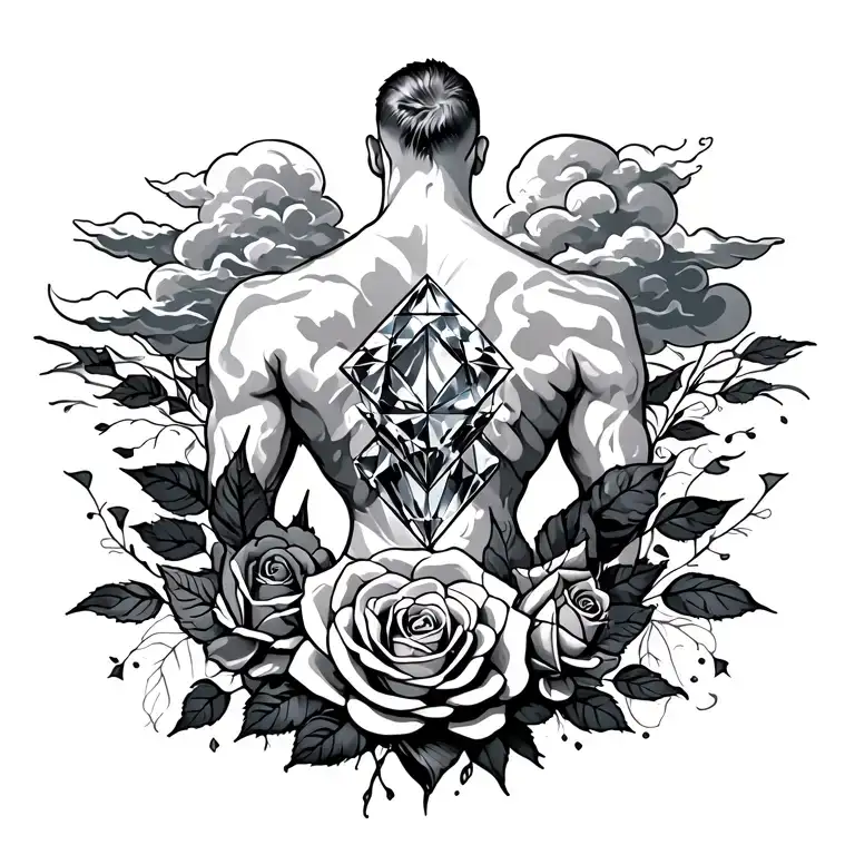 Masculine Back Piece Featuring Clouds Diamonds Roses
