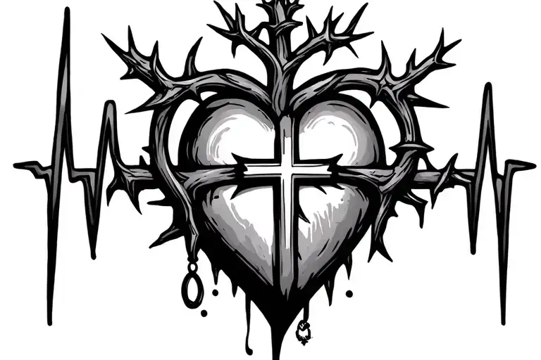 A Heart Beat With A Cross In The Middle With A Thorn Crown Hanging From The Cross