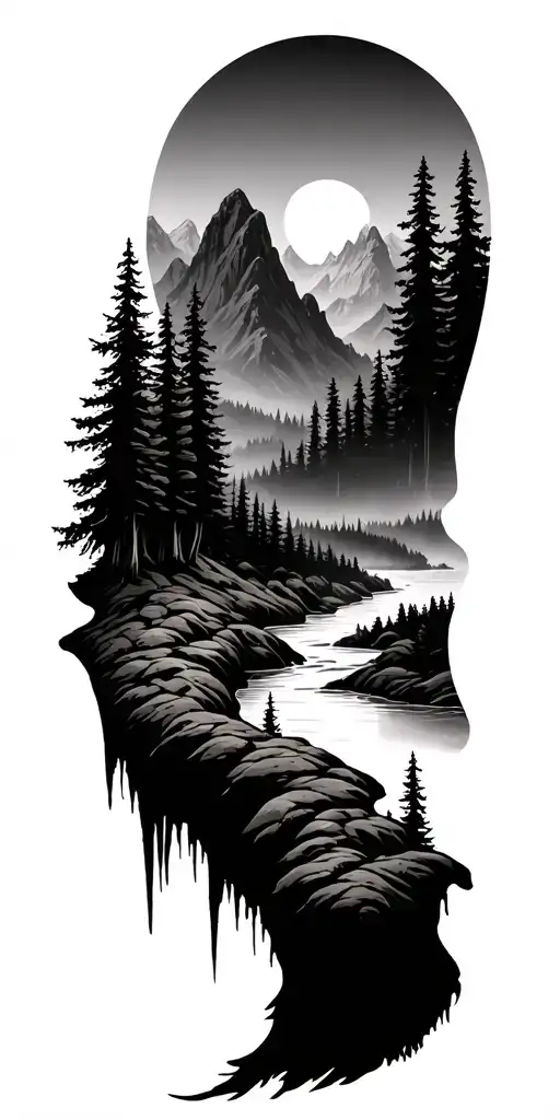 Forest With River Flowing And Mountain Range With The Reaper Hiding