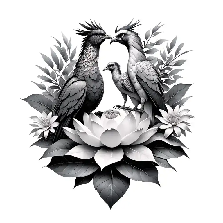 A Mama And Baby Phoenix Resting On A Lotus Encased By Tropical Leaves And Flowers