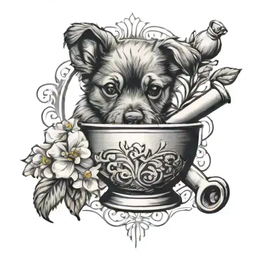 Dog Paw And Primrose Flower And Pharmacy Mortar And Pestle