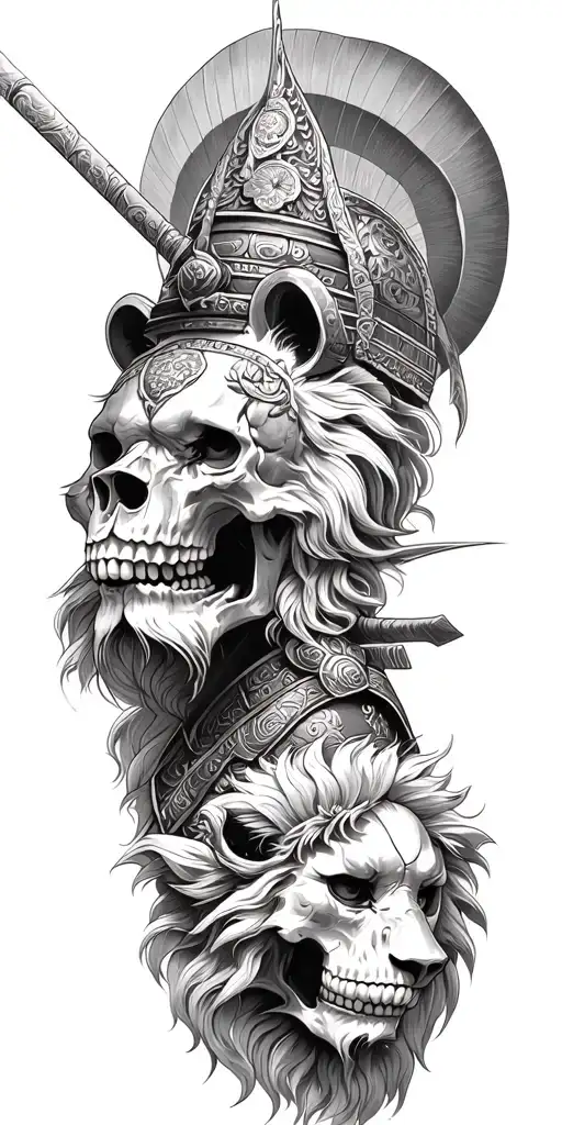 Skull Lion And Samurai Warrior