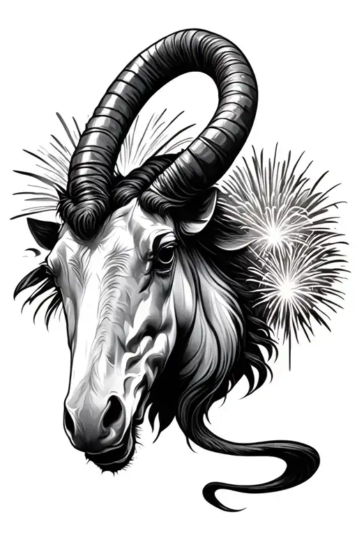 Capricorn And Fireworks Exploding In The Night