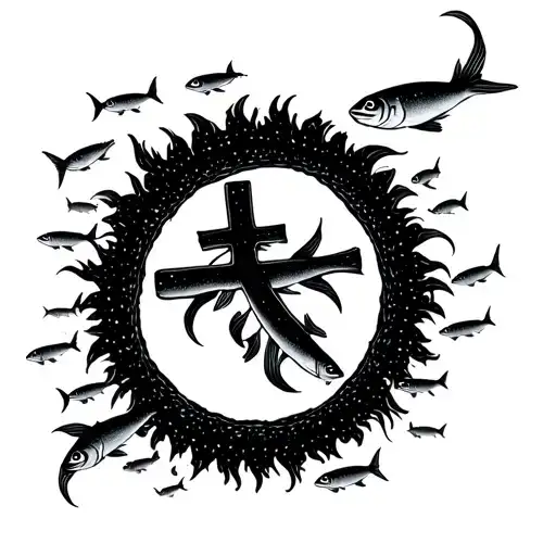 Many Small Fish Swimming In A Circle Around And Not Touching A Cross Tattoo In Minimalistic Design