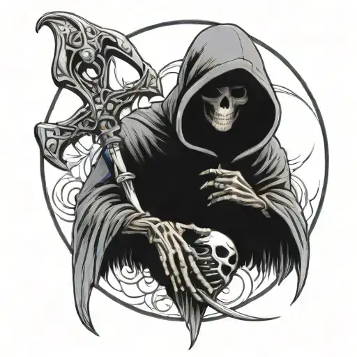 Hooded Reaper Skeleton Holding A Heart And A Brain With Scythe Behind
