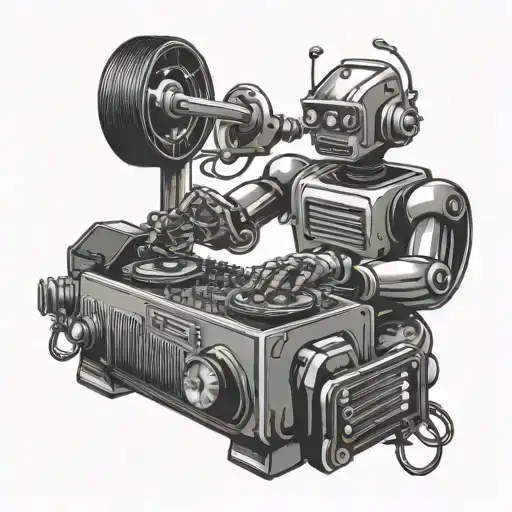 A Robot Dj Mixing Music While Surrounded By Classic Cars