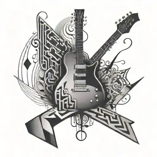 An Abstract Design Combining A Guitar And A Coding Symbol