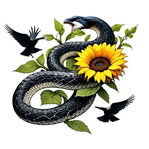 Snake With A Sunflower And Ravens Flying