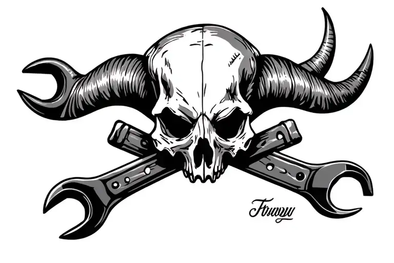Long Horn Skull With Crossed Wrench Crossed Together