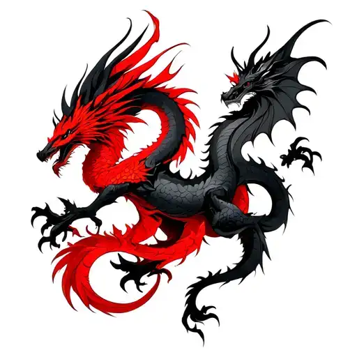 Black Dragon With Red Phoenix Over Lapping