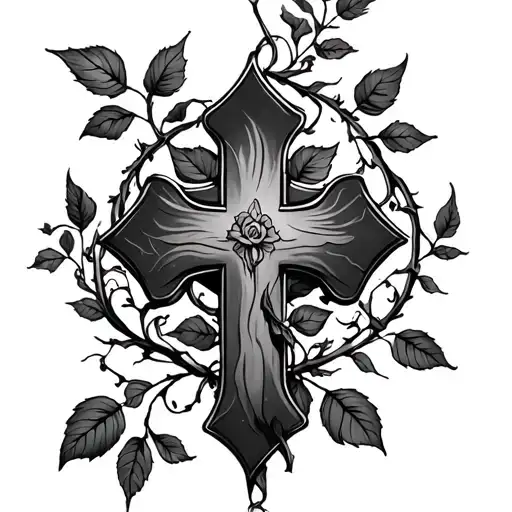 Cross With Vines Wrapping Around It Going To A Rose