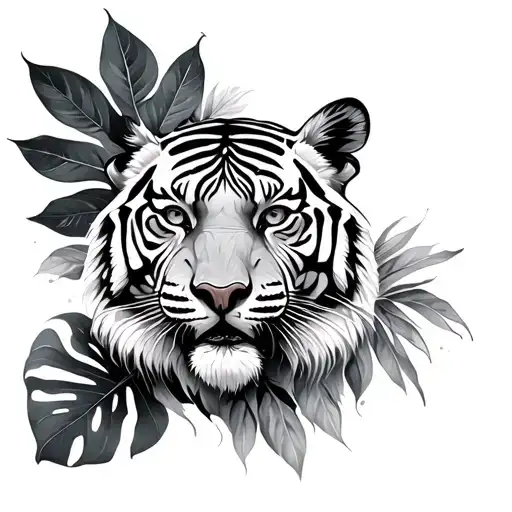 Tiger And Monstera Leaf Intertwined
