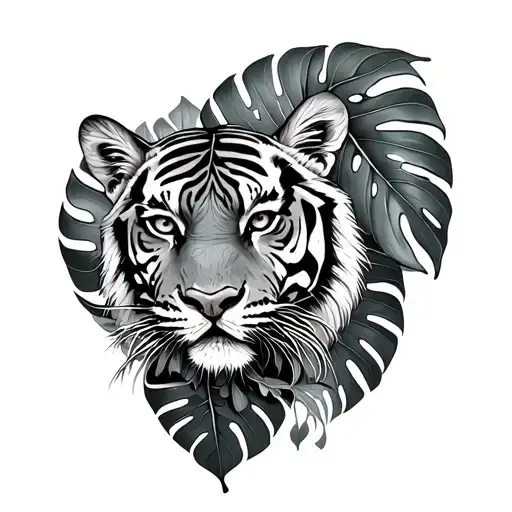Tiger And Monstera Leaf Intertwined