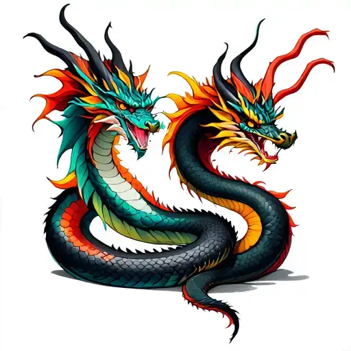 Colorful Dragon And Black Snake Facing Eachother