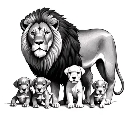 Lion With Family And Three Puppies