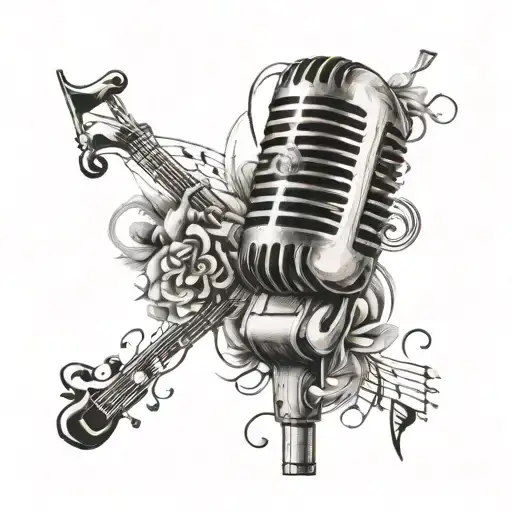 Vintage Microphone Surrounded By Musical Notes And Musical Keyboard And Guitar Acoustic