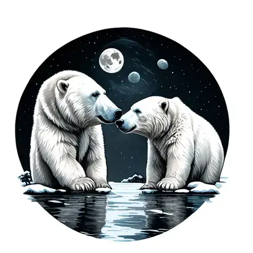 Two Polar Bears Turned Around Looking At A Full Moon