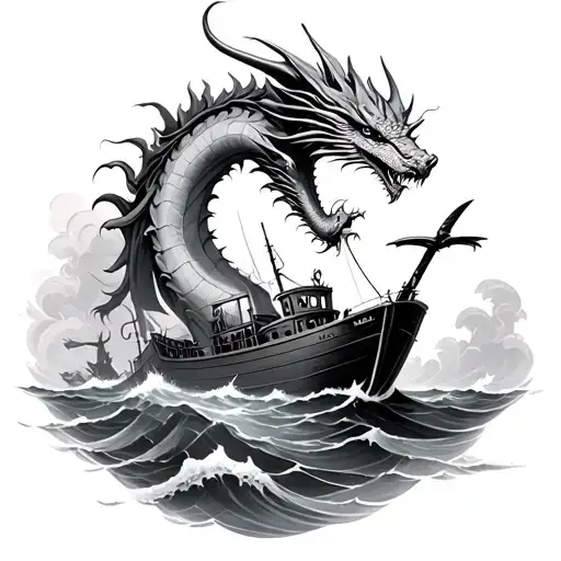 Boat And Sea Dragon Fighting