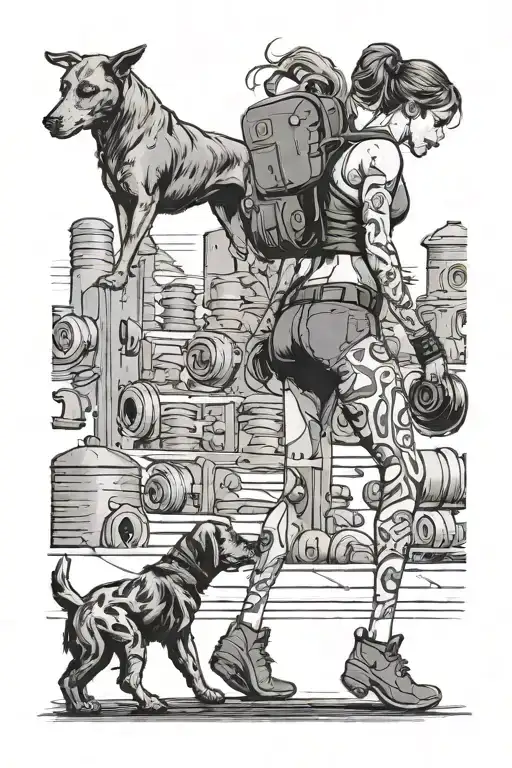A Fit Woman In Tights Carrying Dumbells Walking Away And A Small And Big Dog Following Her