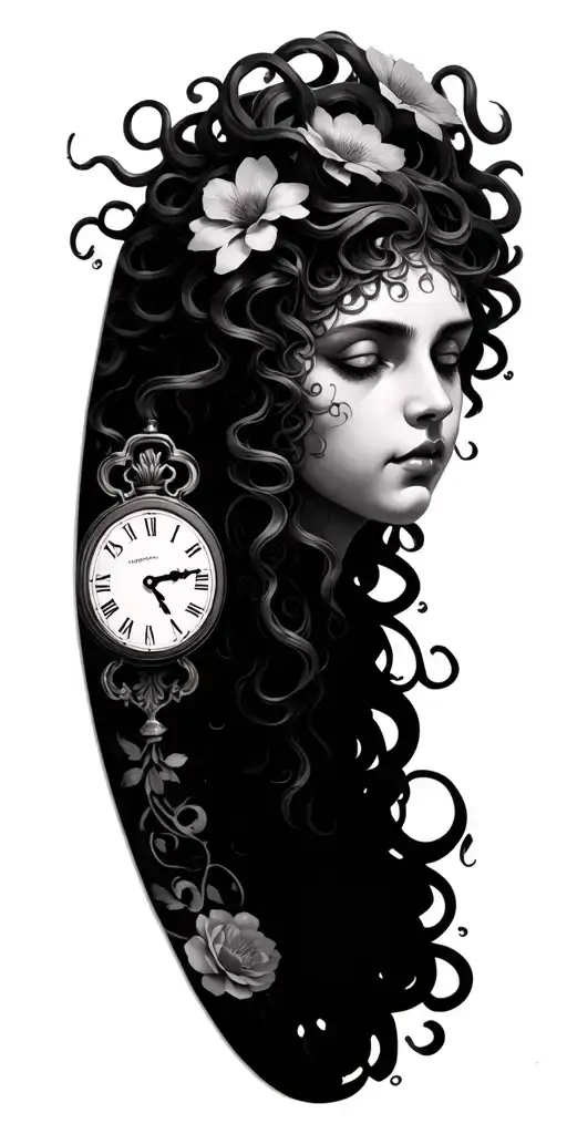 Medusa Head With Clock Face And Flowers