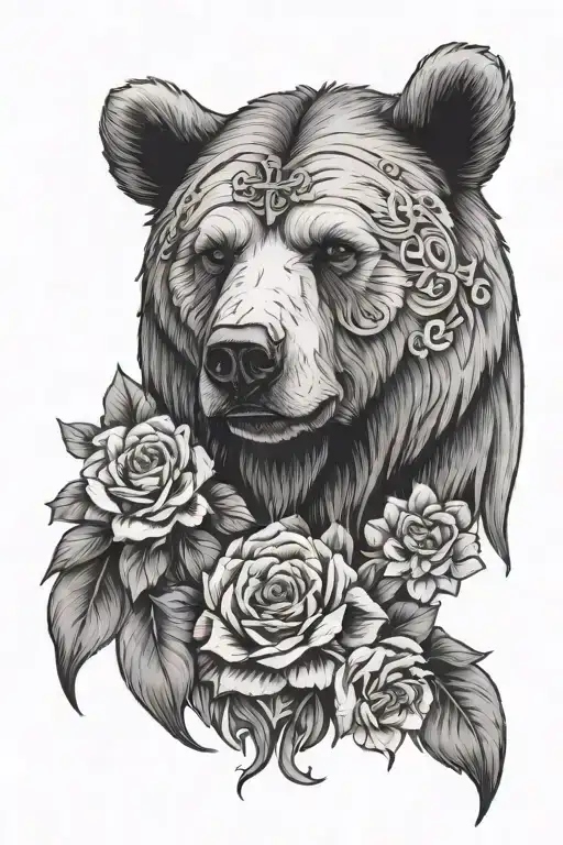 Bear Head With Jesus Cross And Flowers