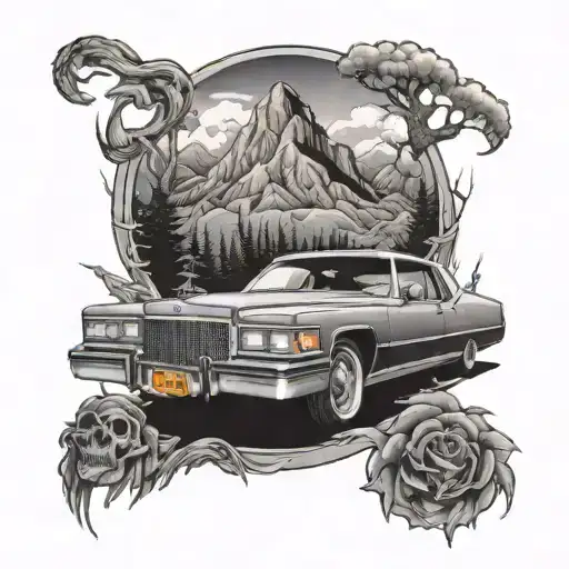 A 1982 Cadillac Coupe Deville And A Mountain