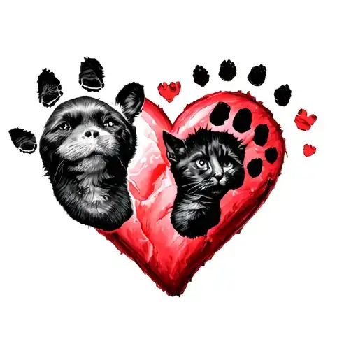 Human Heart With A Black Dog And Cat Footprint