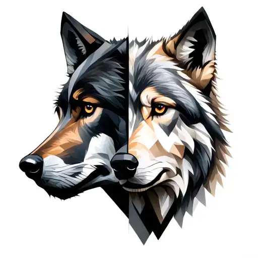 Two Wolf Face Half And Half Geometrical