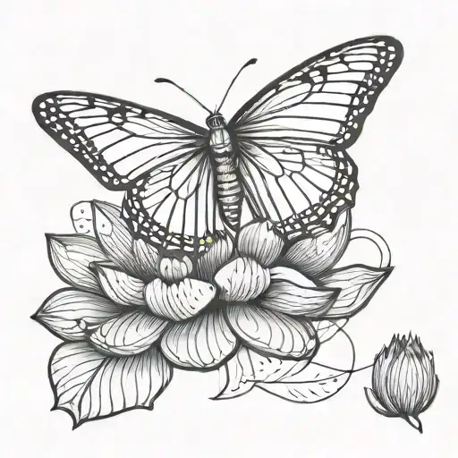 Butterfly And Lotus Minimal Line Art