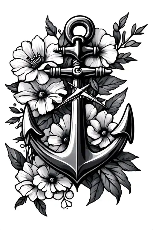Anchor With Compass And Flowers Intertwined