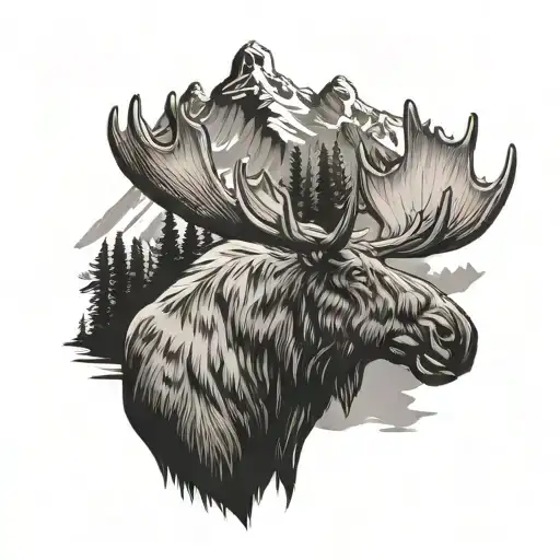 Moose Head With Mountain Range Silhouette