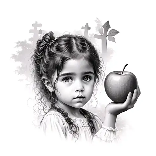 8 -Year -Old Girl With An Apple In Her Hand And Cemetery In The Background Shadows