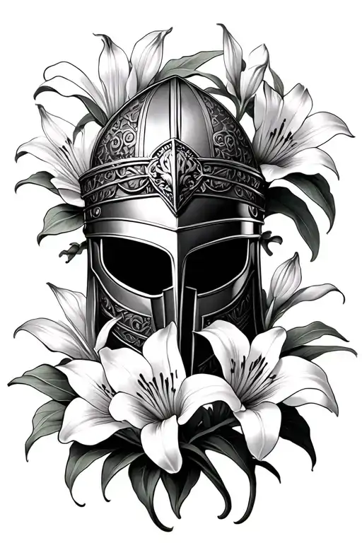 Odysseus Helmet Surrounded With Lily Flowers Growing