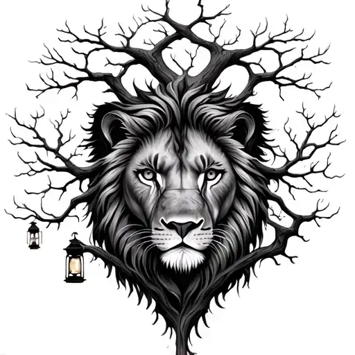 Oak Tree Leading Into Family Tree Intertwined With Lion Eyes And A Lantern In The Background