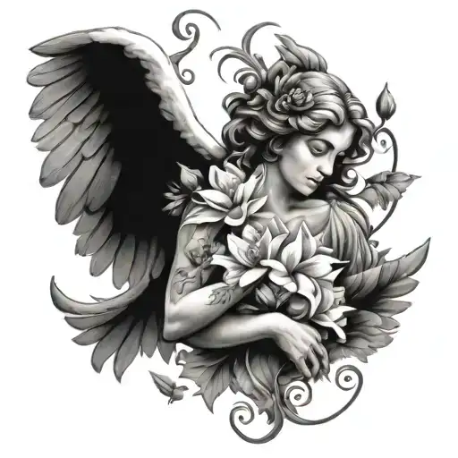 Winged Angel With Flowers In Hand