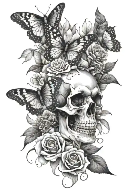 Floral Skull And Snake Leg Sleeve Tattoo Featuring Butterflies And Dragonflies