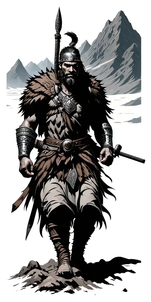 Warrior Walking Up A Mountain Range