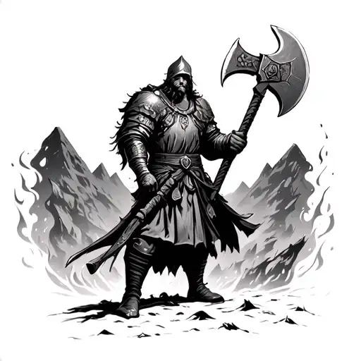 Russian Warrior Wielding Double Edged Axe On Flaming Battle Ground Mountain Background