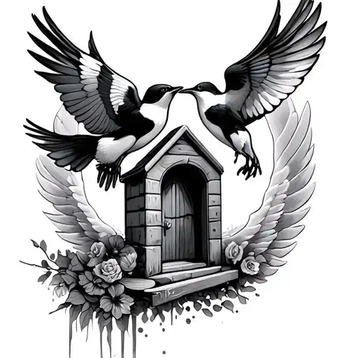 Make Tatoo With 2 Swallows And Door To Heaven
