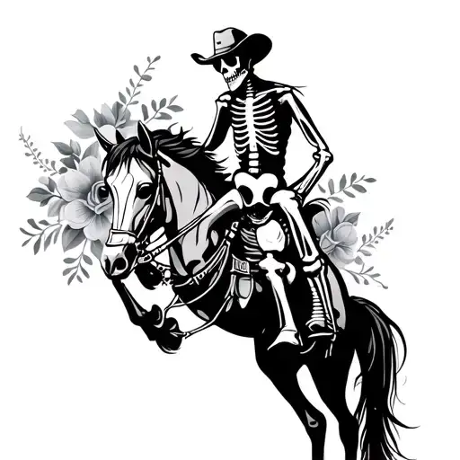 Skeleton Cowboy On Bucking Skeleton Horse With Floral Background