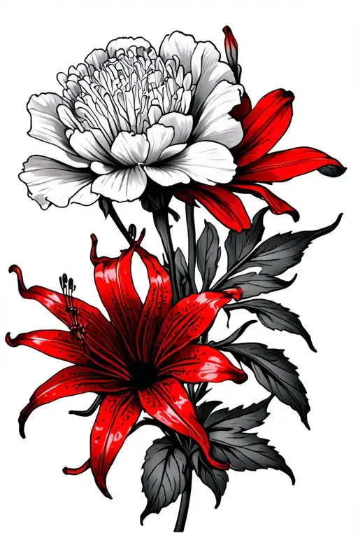 White Carnation With Red Striped Carnation And Spider With Red Spider Lily
