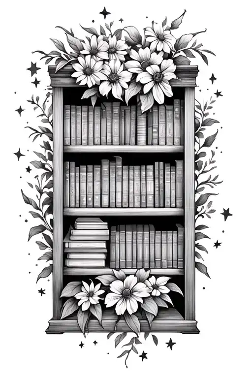 Bookshelf Filled With Books And Stars And Flowers Growing