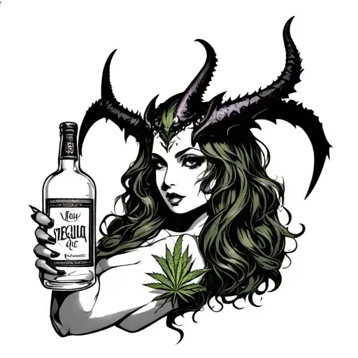 Sexy Girl Demon Holding Weed And A Bottle Of Tequila