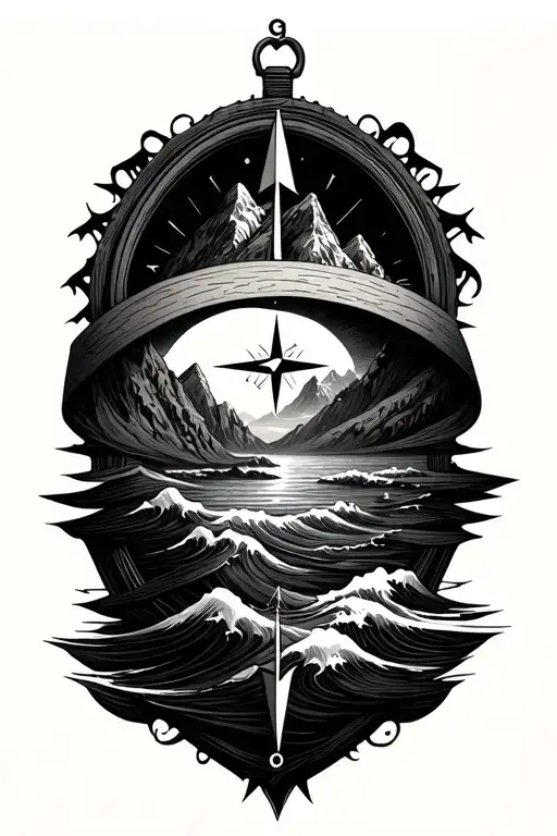 Compass With Band Made Of Mountains And Waves